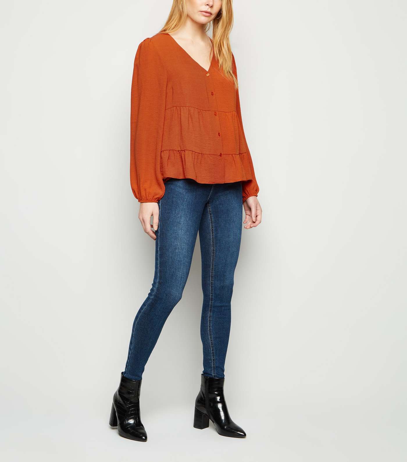 Rust Tiered Button Up Long Sleeve Blouse Image 2