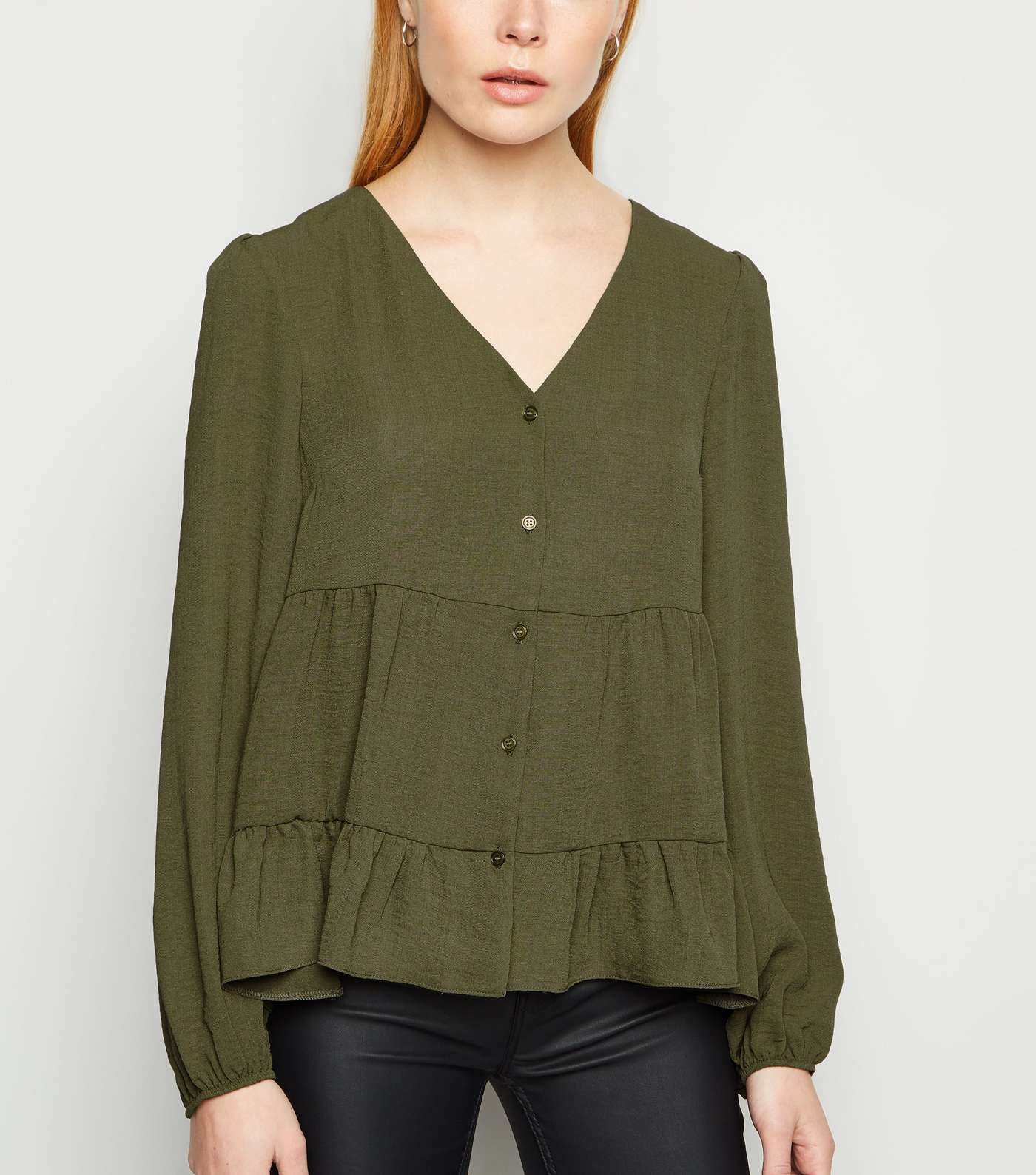 Khaki Tiered Button Up Long Sleeve Blouse