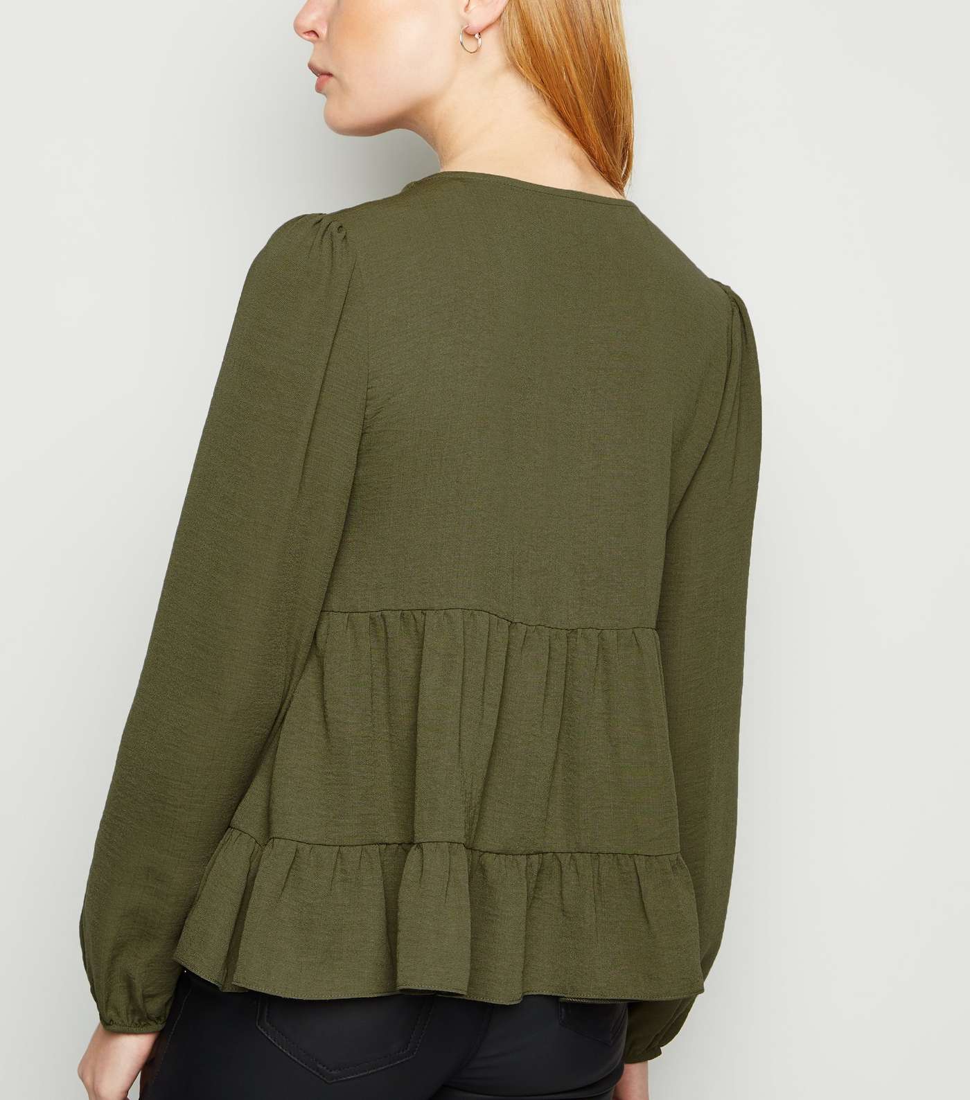 Khaki Tiered Button Up Long Sleeve Blouse Image 3