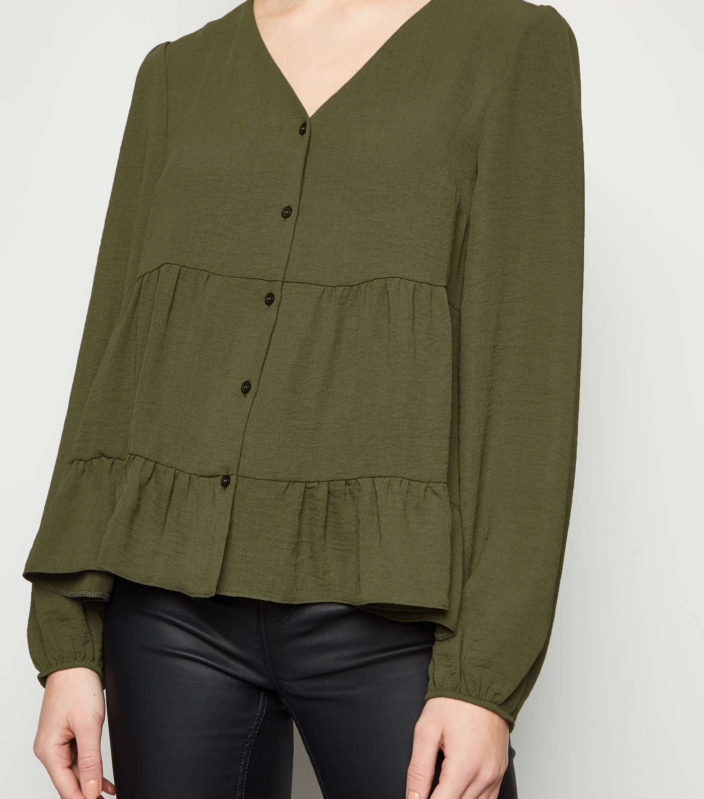 Khaki Tiered Button Up Long Sleeve Blouse Image 5