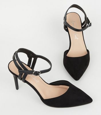 Image of Black Suedette Strappy Pointed Court Shoes New Look Vegan