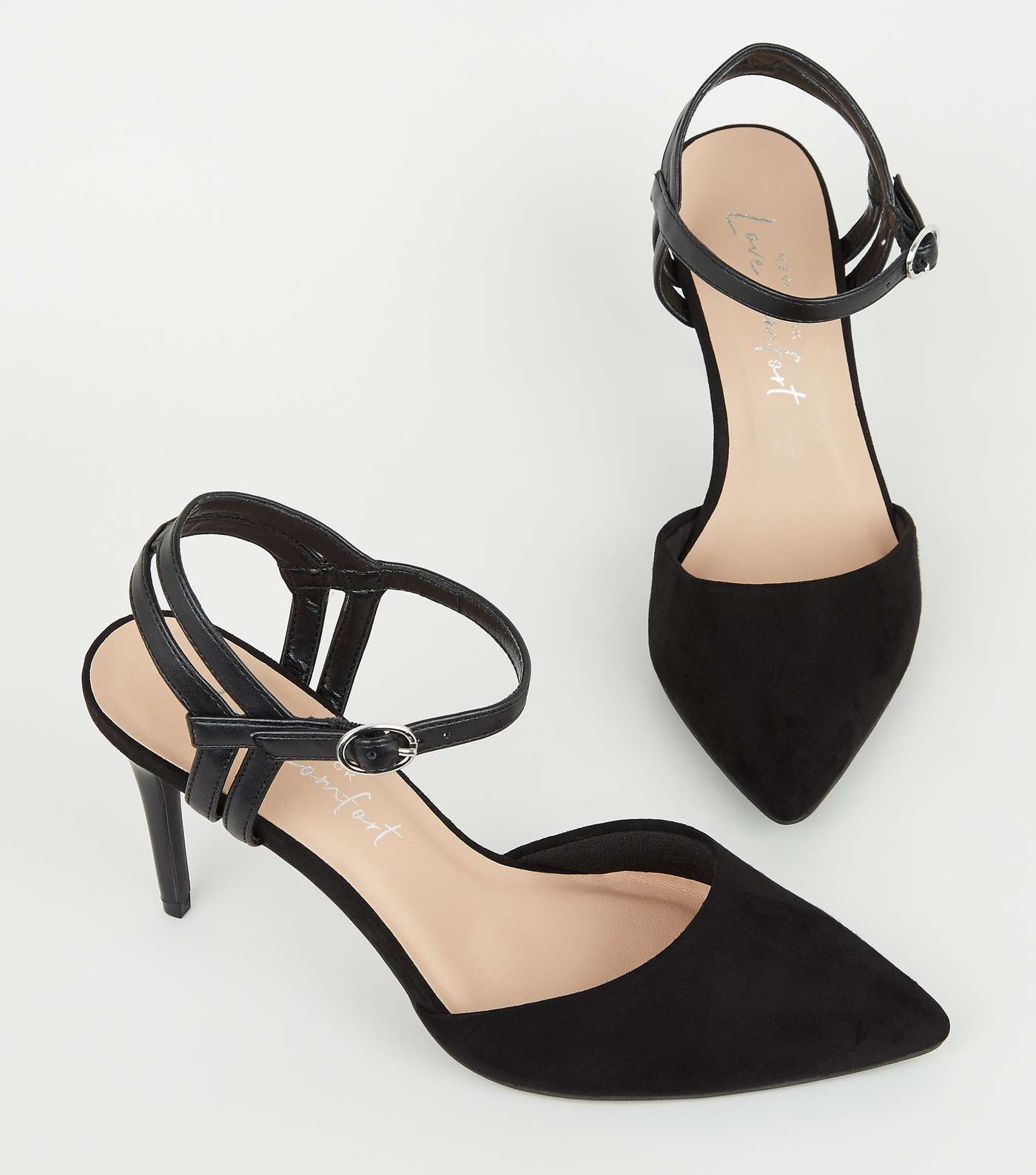 Black Suedette Strappy Pointed Court Shoes Image 3