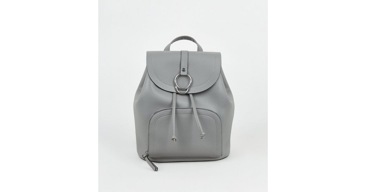 Inzet grens Stationair Grey Leather-Look Ring Front Backpack | New Look