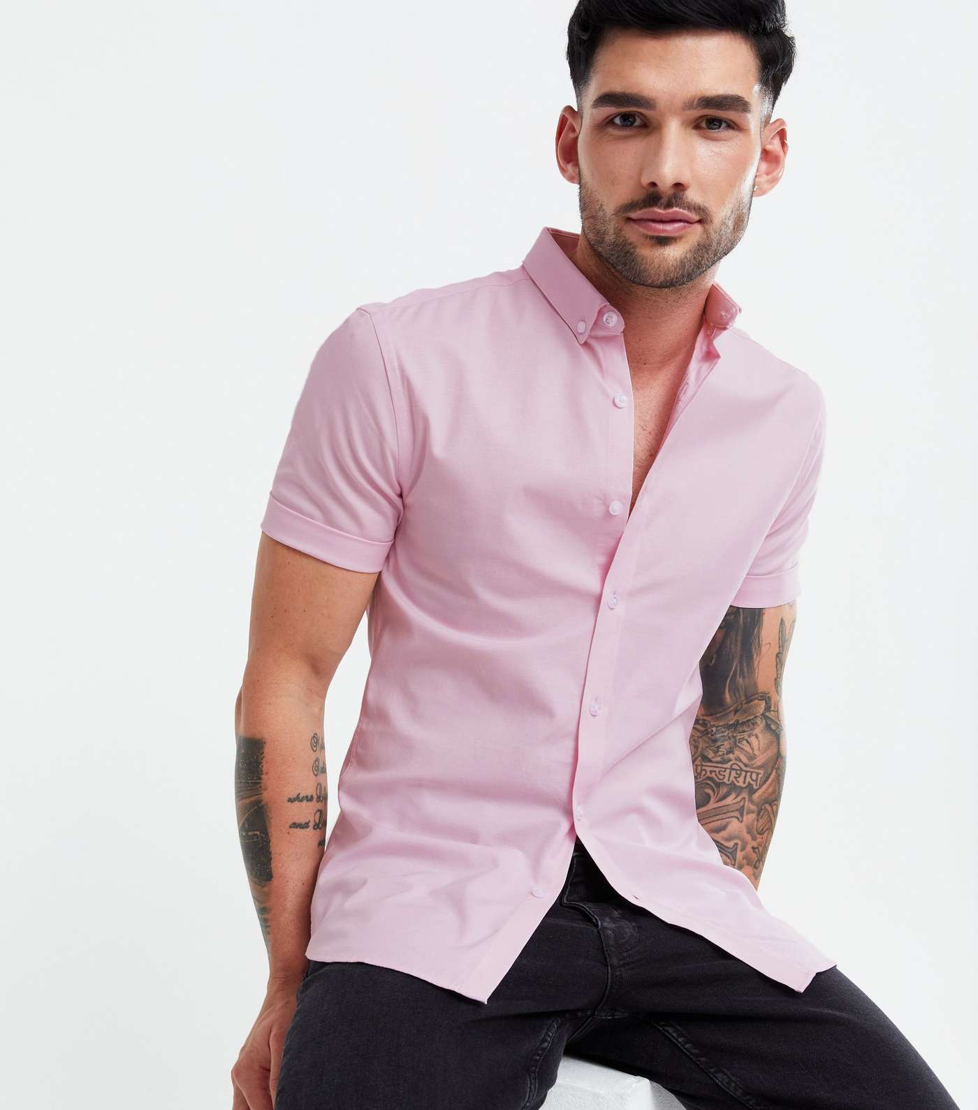 Pink Muscle Fit Short Sleeve Oxford Shirt