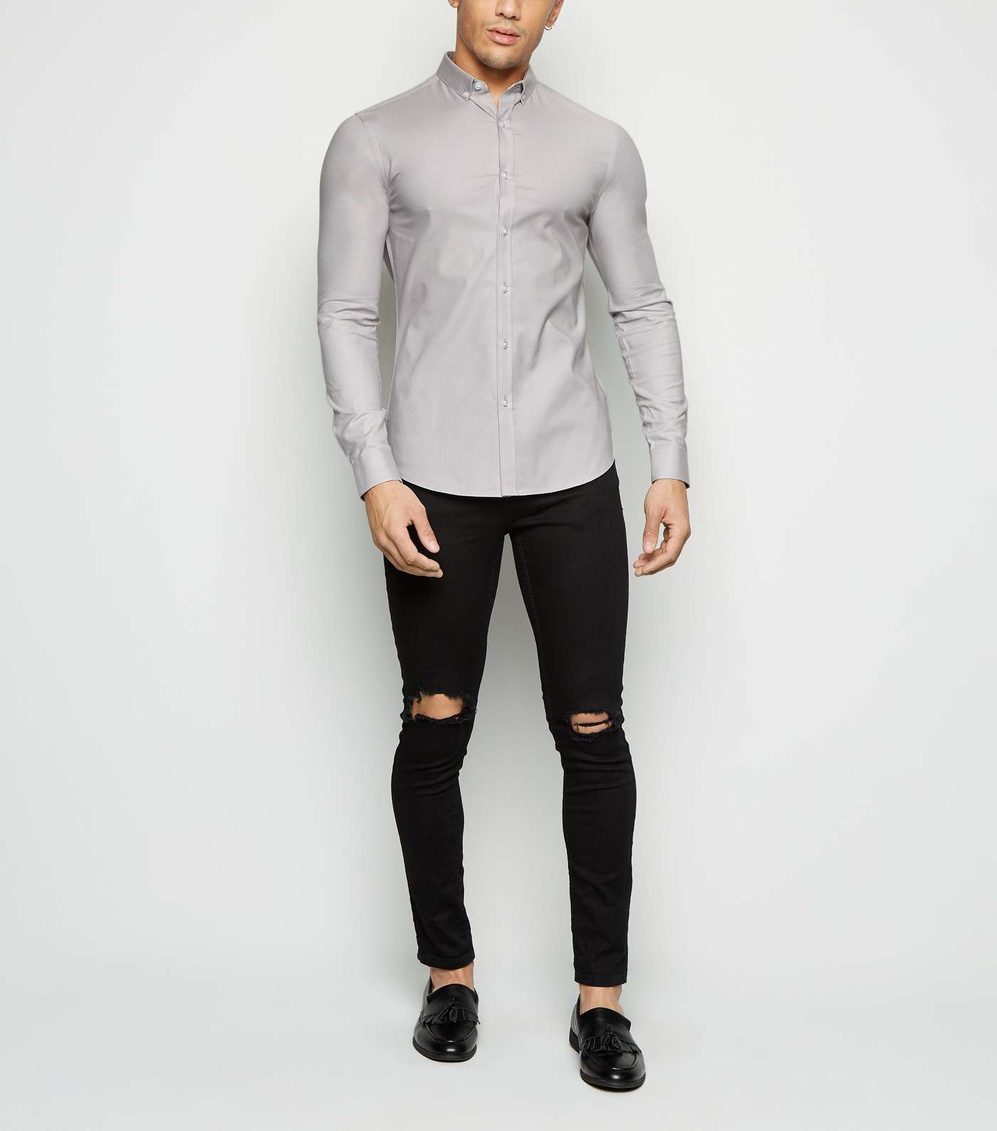 Pale Grey Muscle Fit Long Sleeve Oxford Shirt Image 2