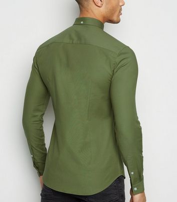 Image of Khaki Muscle Fit Long Sleeve Oxford Shirt New Look