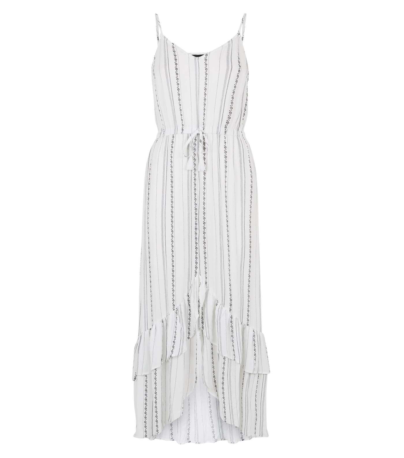 White Stripe Ruffle Dip Hem Midi Beach Dress Image 4