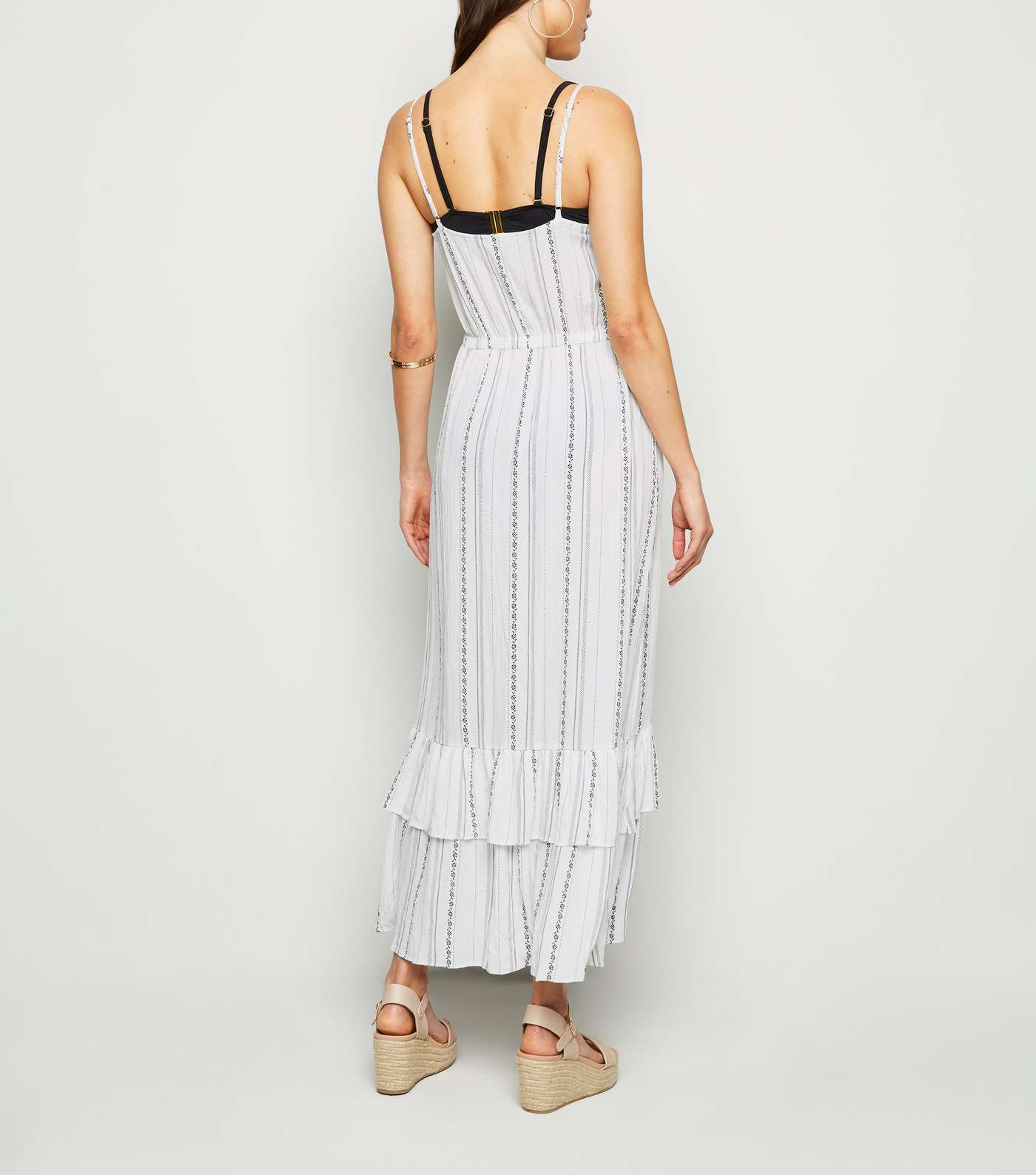 White Stripe Ruffle Dip Hem Midi Beach Dress Image 2