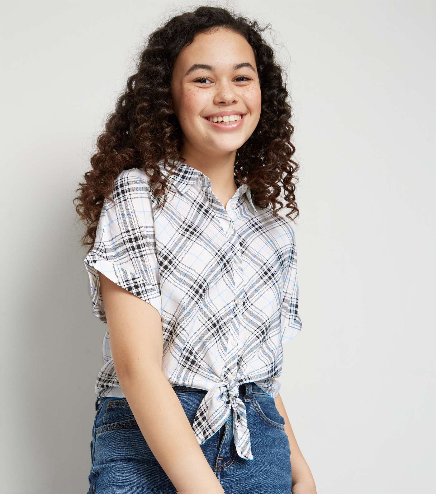 Girls White Check Tie Front Shirt Image 5