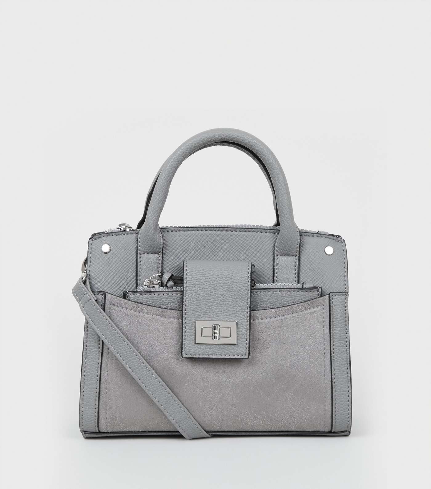 Grey Leather-Look Buckle Strap Tote Bag