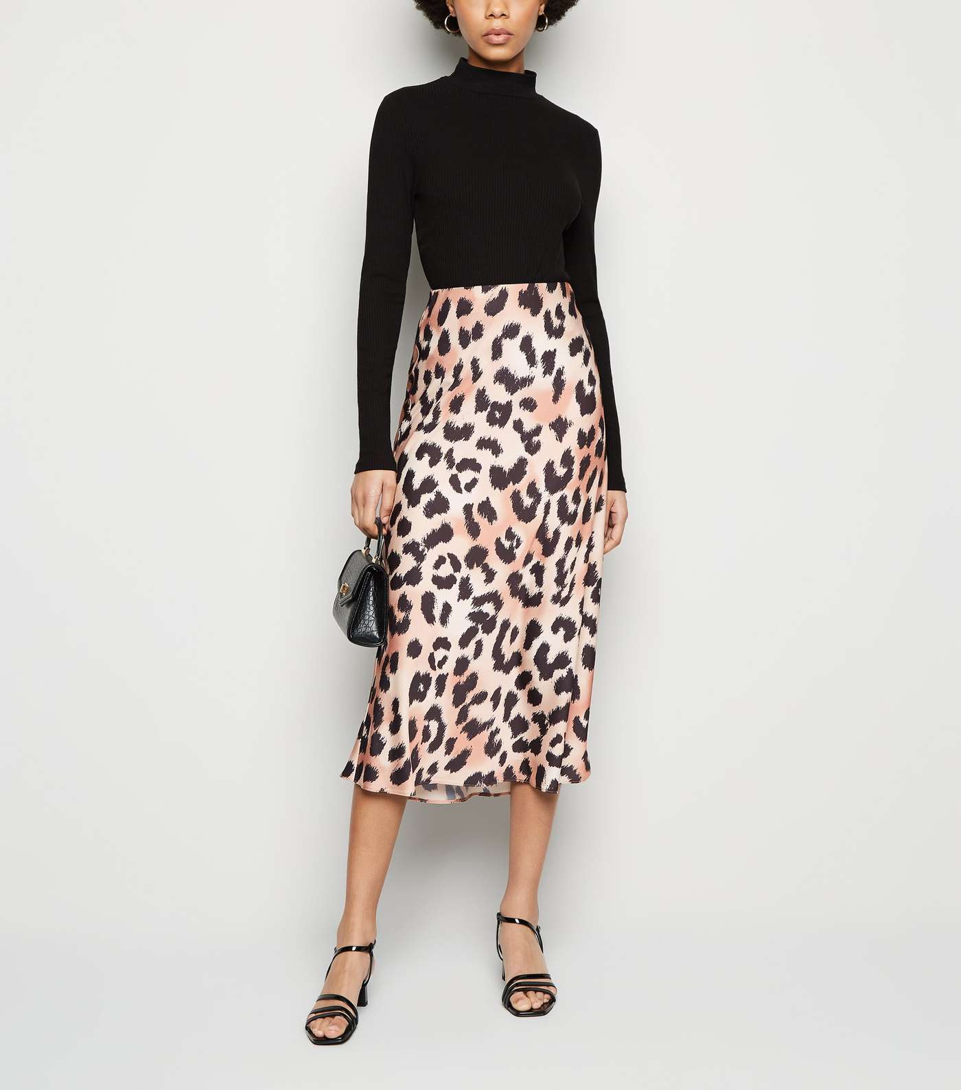 Brown Leopard Print Bias Cut Satin Midi Skirt