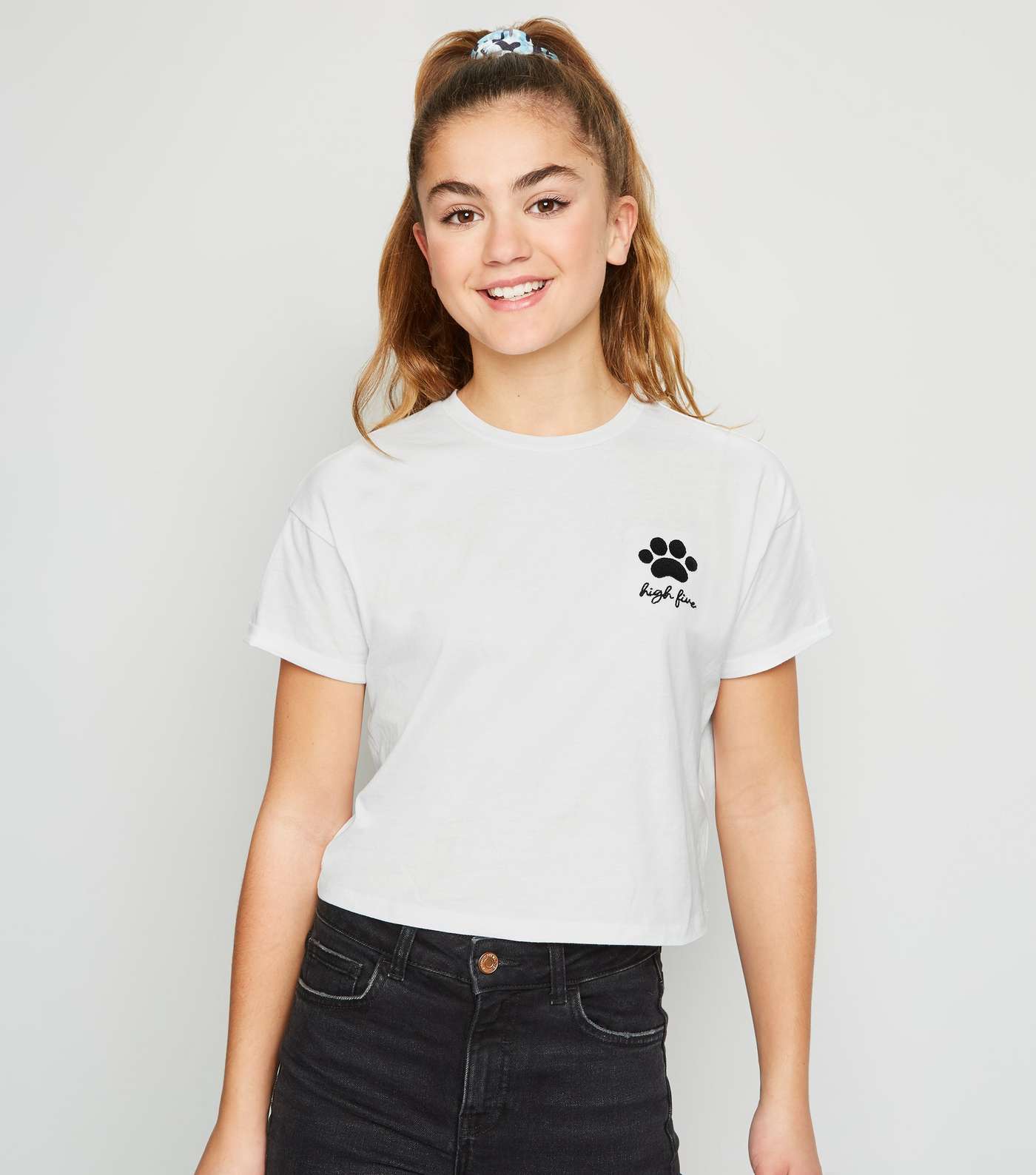 Girls White High Five Paw Slogan T-Shirt