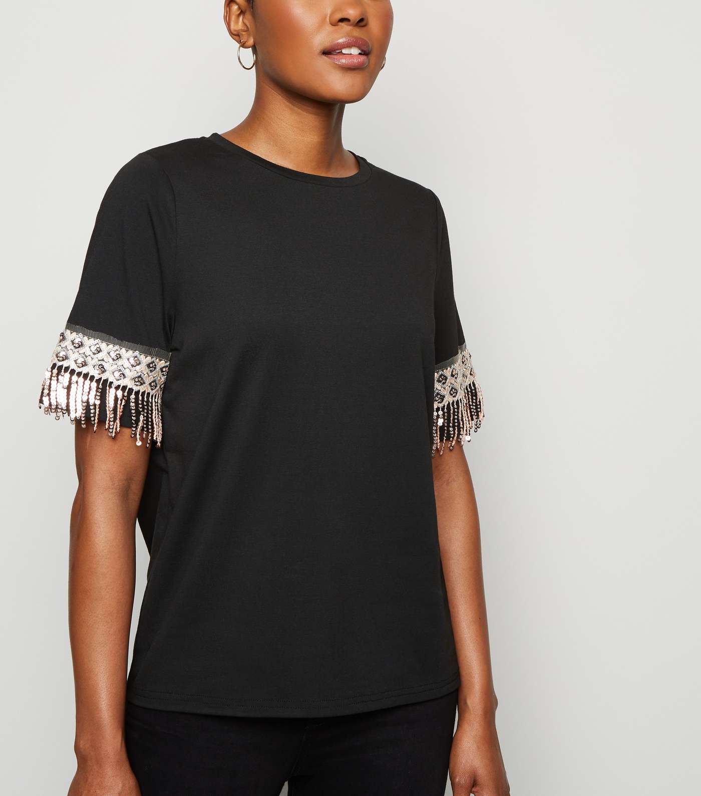 Black Sequin Crochet Tassel Trim T-Shirt 