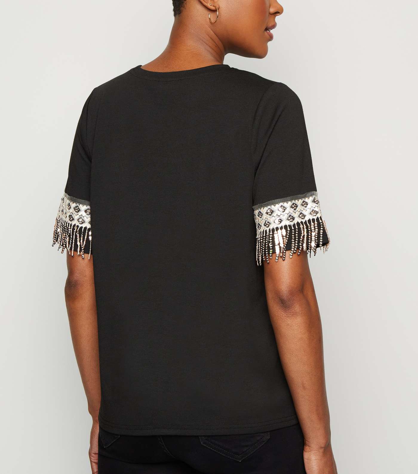 Black Sequin Crochet Tassel Trim T-Shirt  Image 3