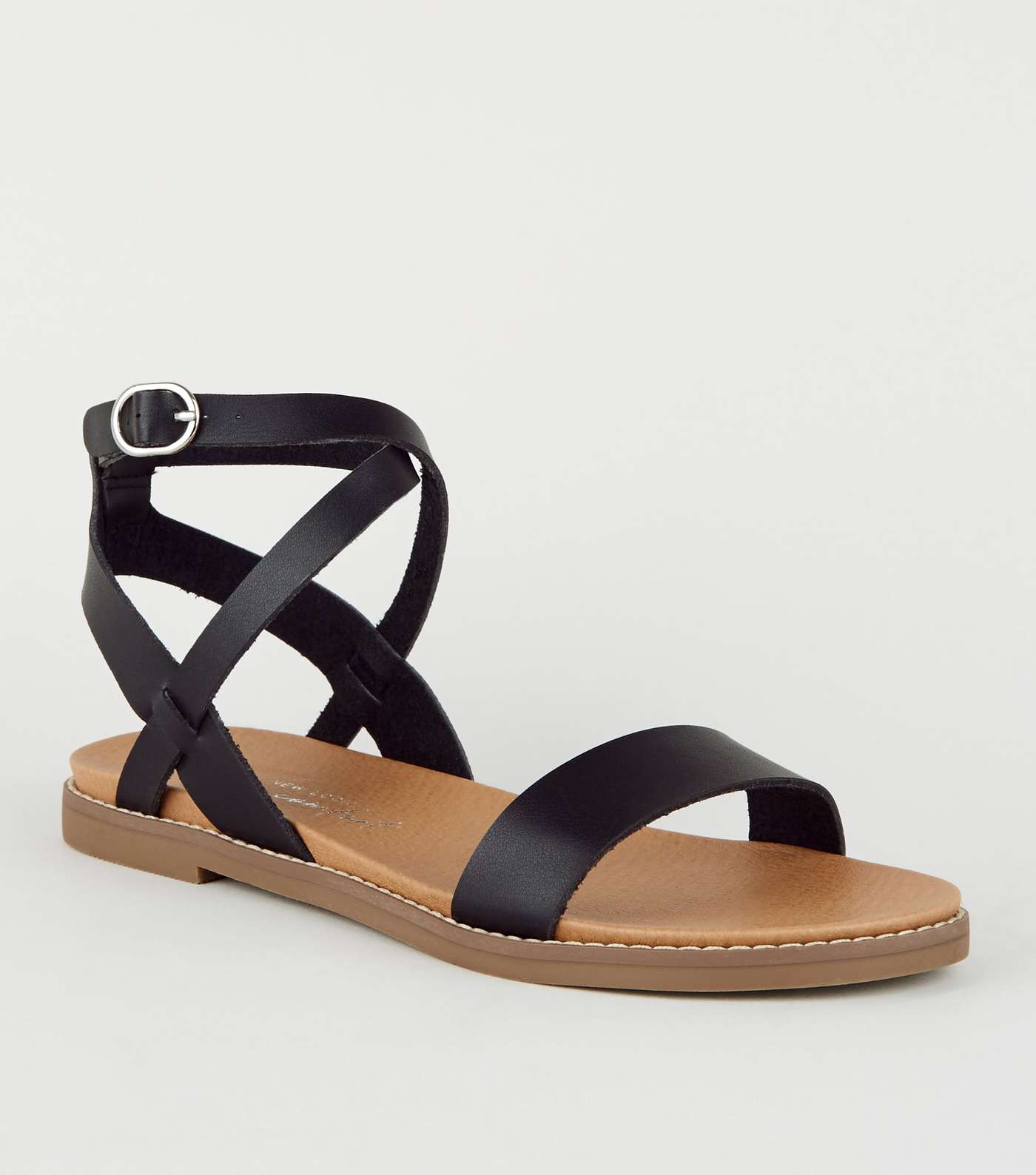 Black Leather-Look Cross Strap Footbed Sandals
