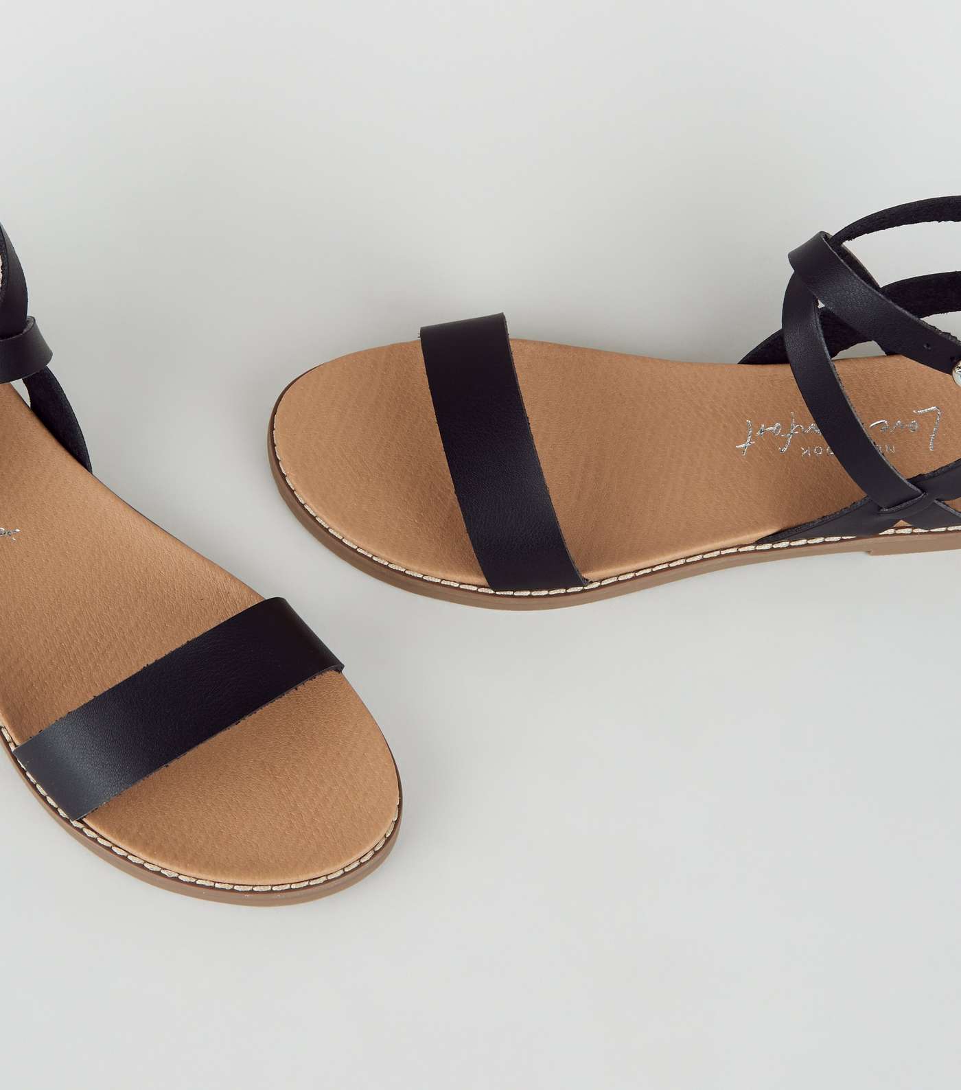 Black Leather-Look Cross Strap Footbed Sandals Image 3