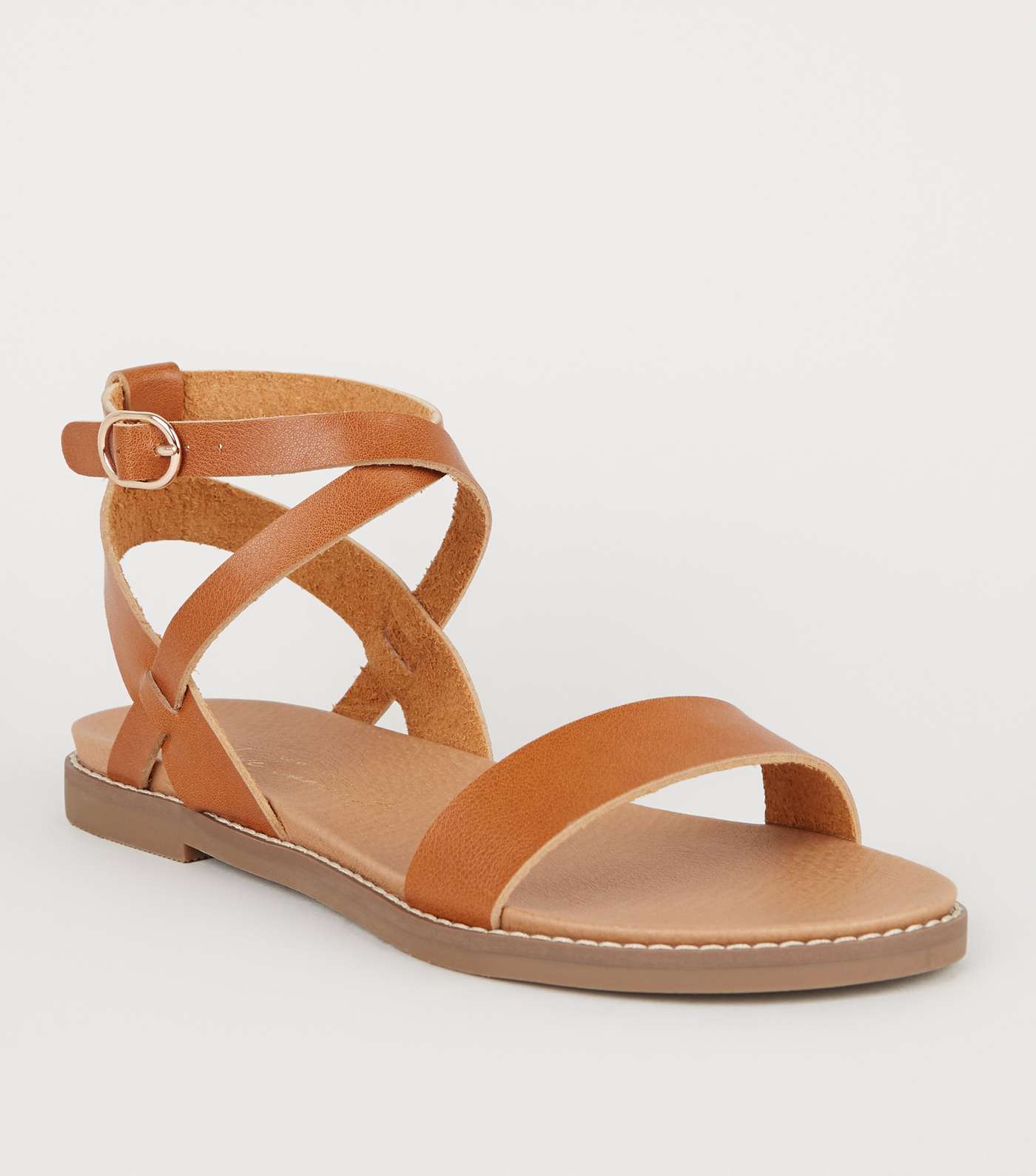 Tan Leather-Look Cross Strap Footbed Sandals