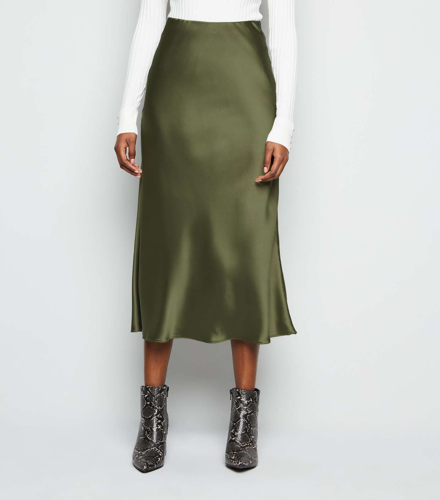 Khaki Bias Cut Satin Midi Skirt  Image 2