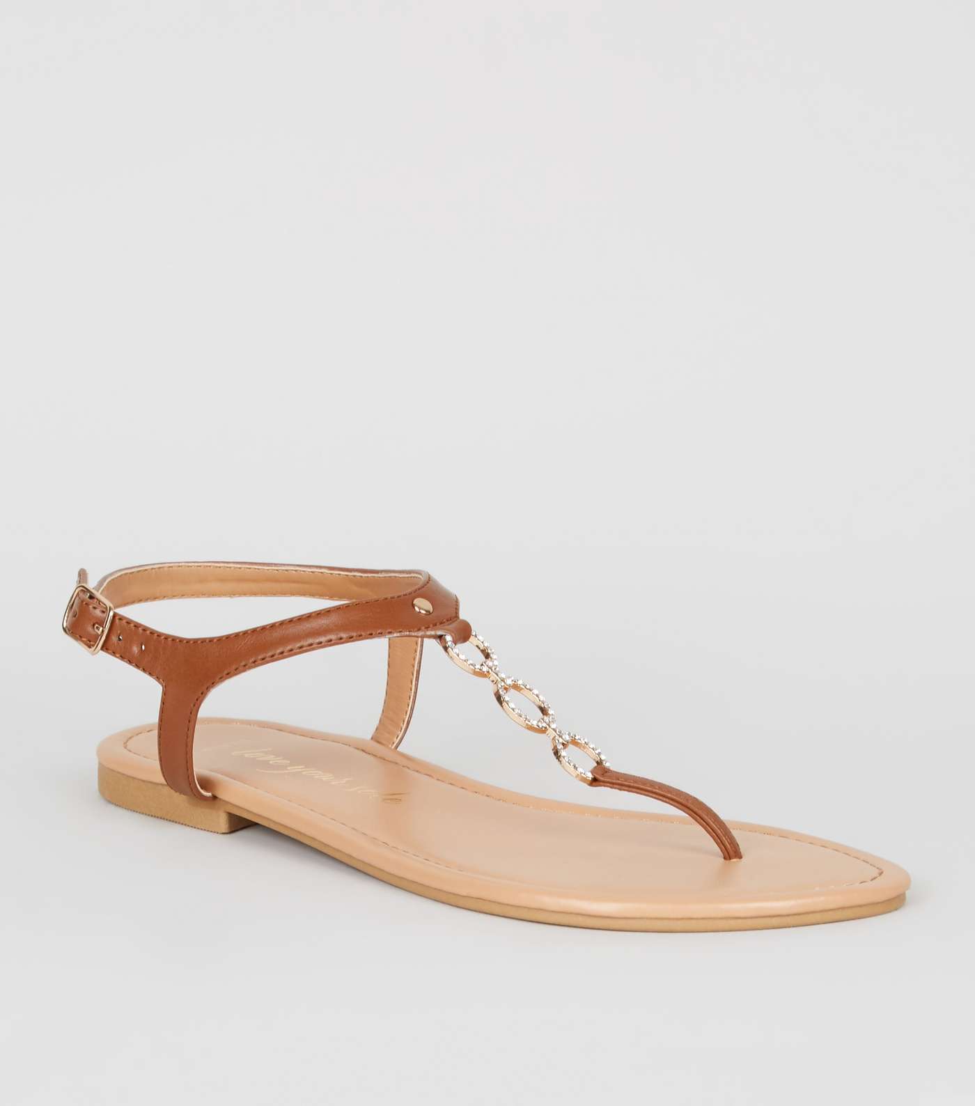 Wide Fit Tan Leather-Look Diamanté Chain Sandals