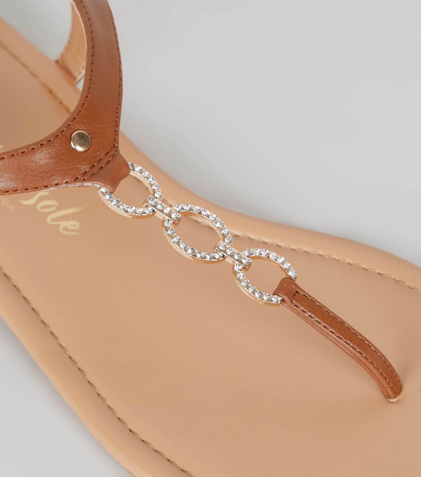 Wide Fit Tan Leather-Look Diamanté Chain Sandals Image 3