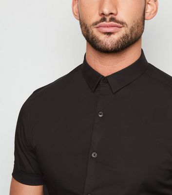 Image of Black Short Sleeve Muscle Fit Poplin Shirt New Look