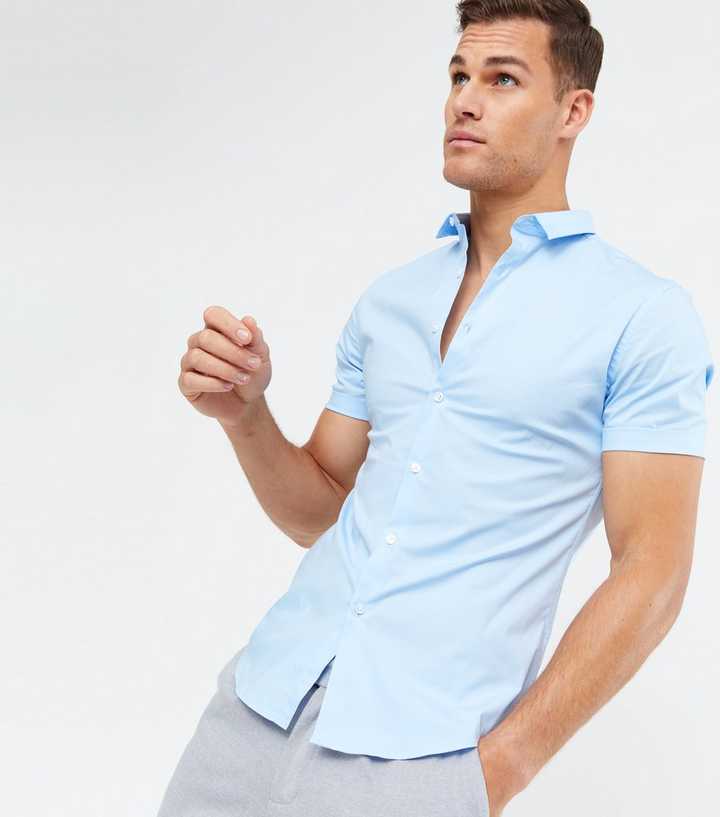 Pale Blue Short Sleeve Muscle Fit Poplin Shirt | New Look