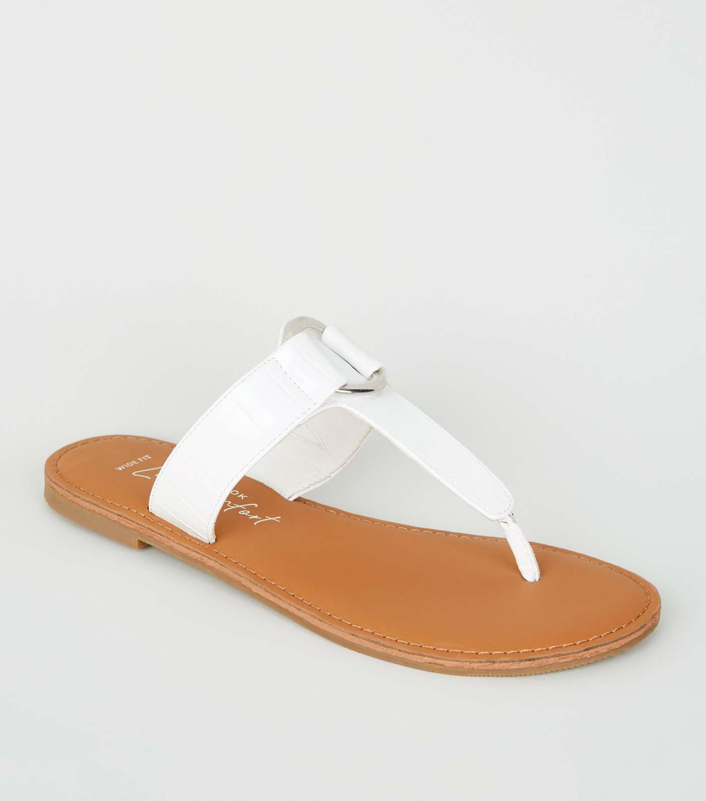 Wide Fit White Faux Croc Metal Ring Sandals
