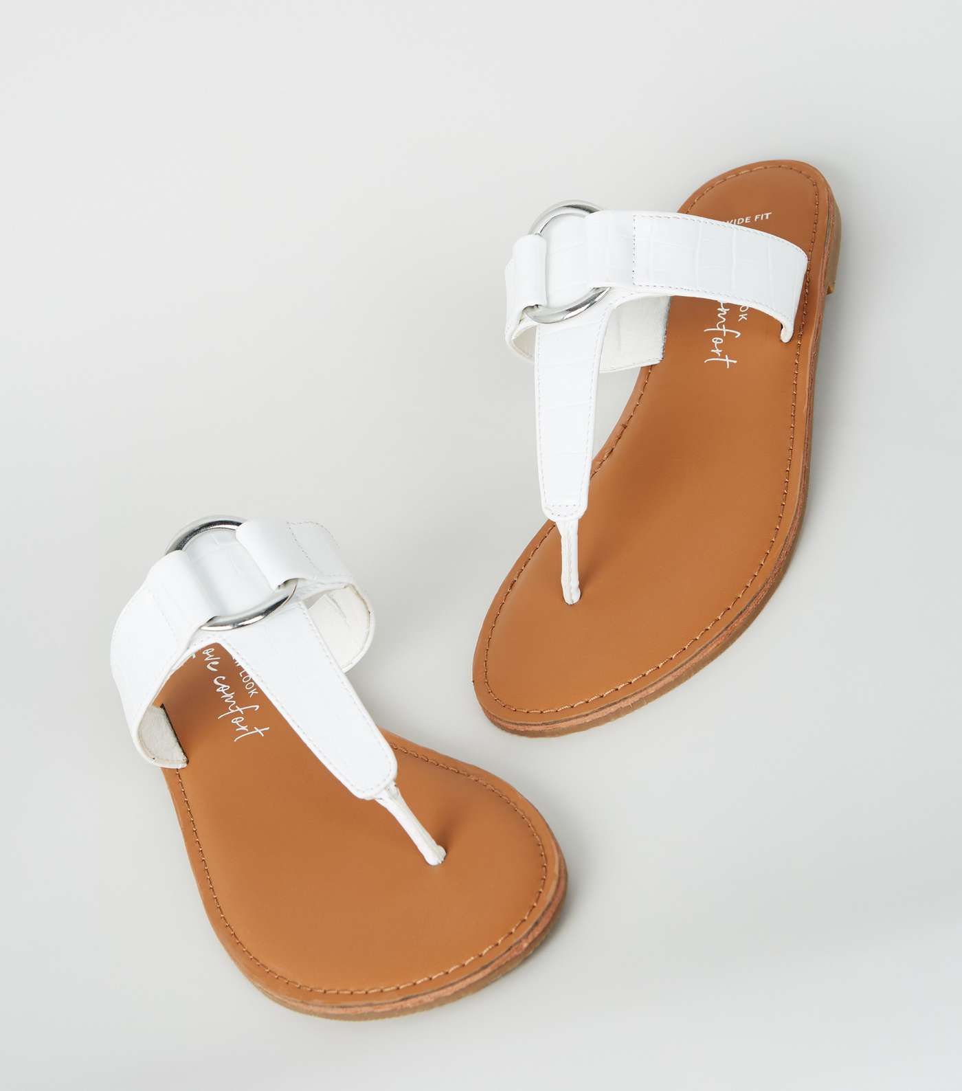 Wide Fit White Faux Croc Metal Ring Sandals Image 3