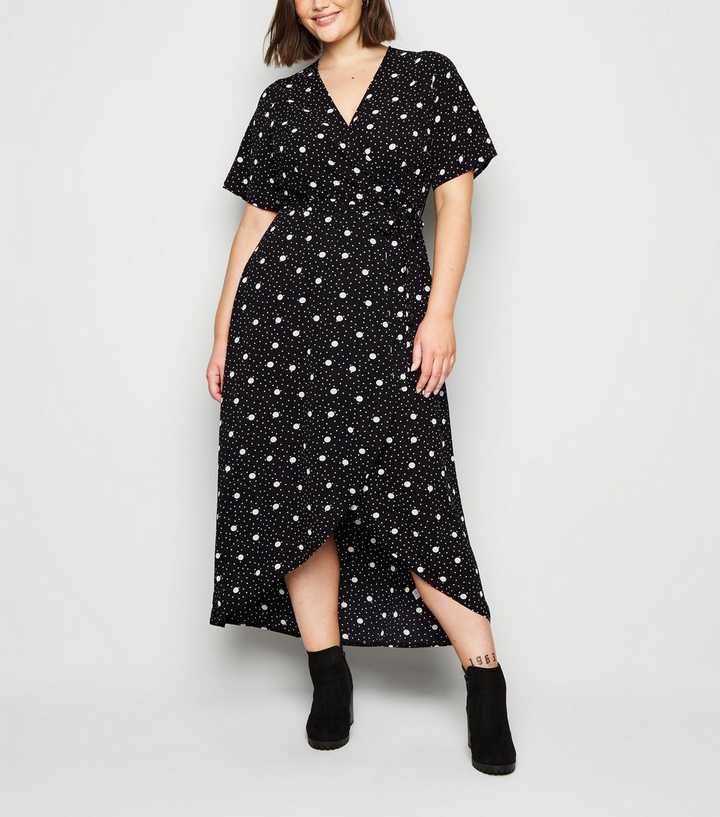 Curves Black Spot Dip Hem Wrap Midi Dress