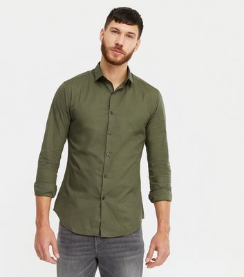 Image of Khaki Long Sleeve Muscle Fit Poplin Shirt New Look