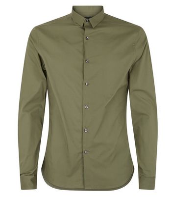 Khaki Long Sleeve Muscle Fit Poplin 