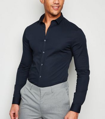 Image of Navy Long Sleeve Muscle Fit Poplin Shirt New Look