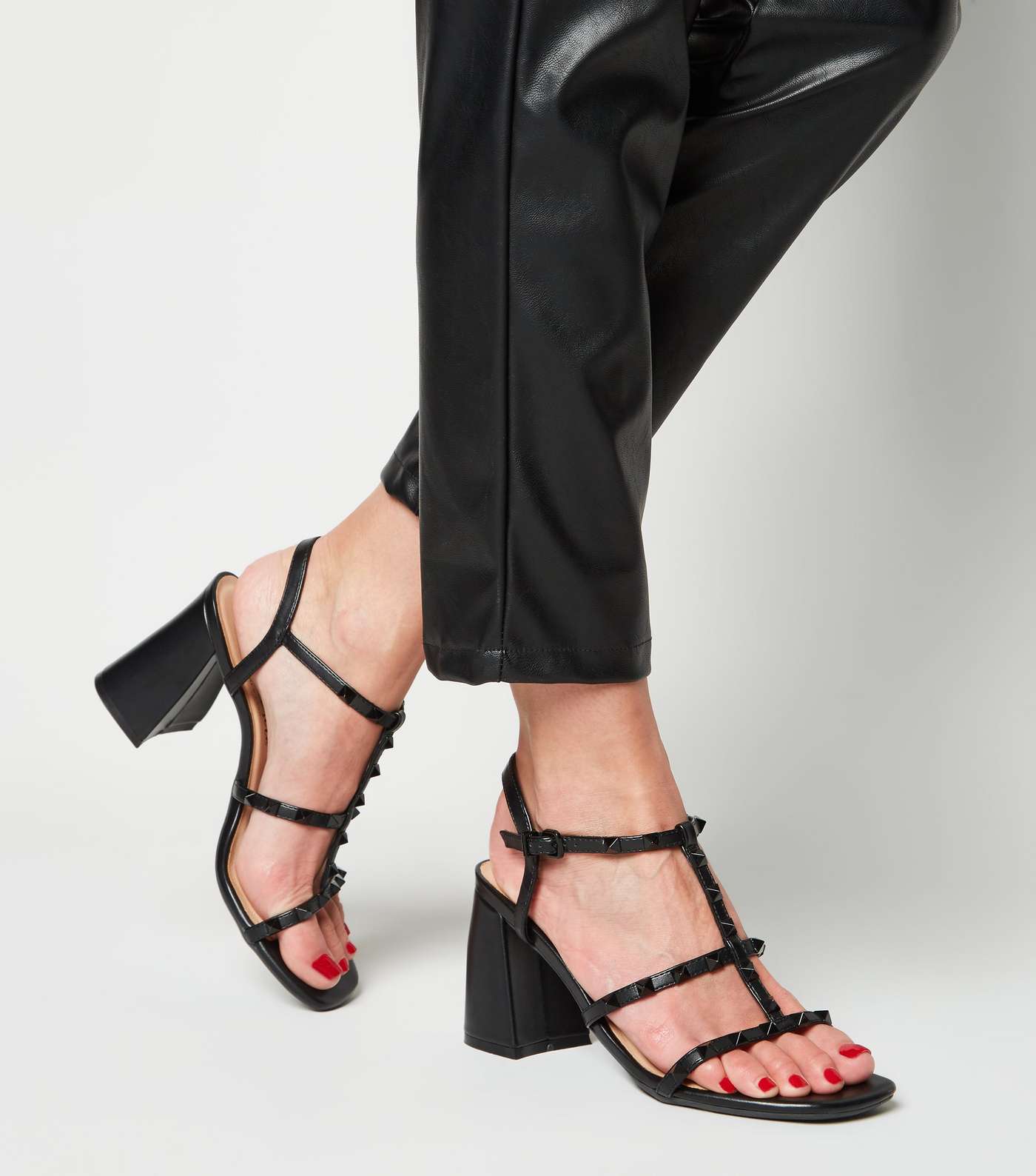 Black Leather-Look Stud Strap Block Heels Image 2