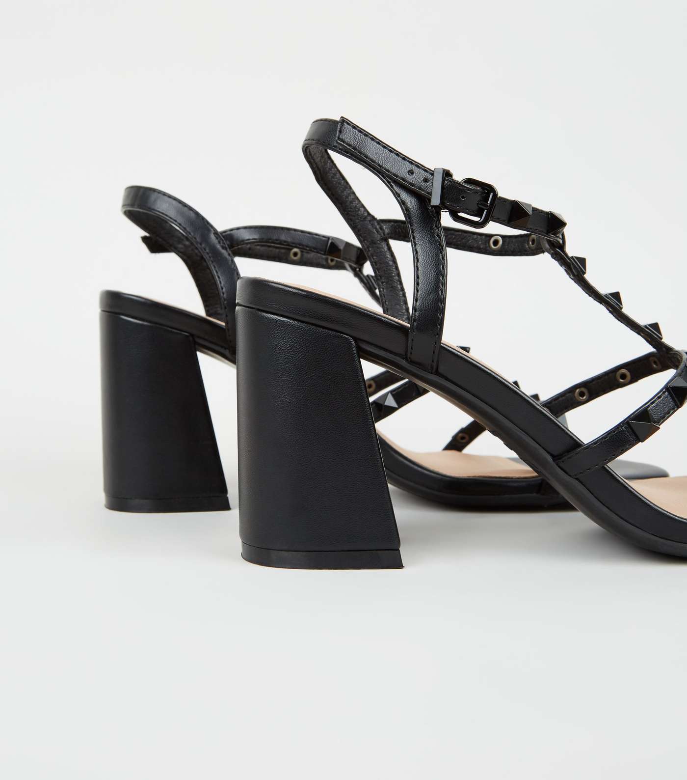 Black Leather-Look Stud Strap Block Heels Image 4