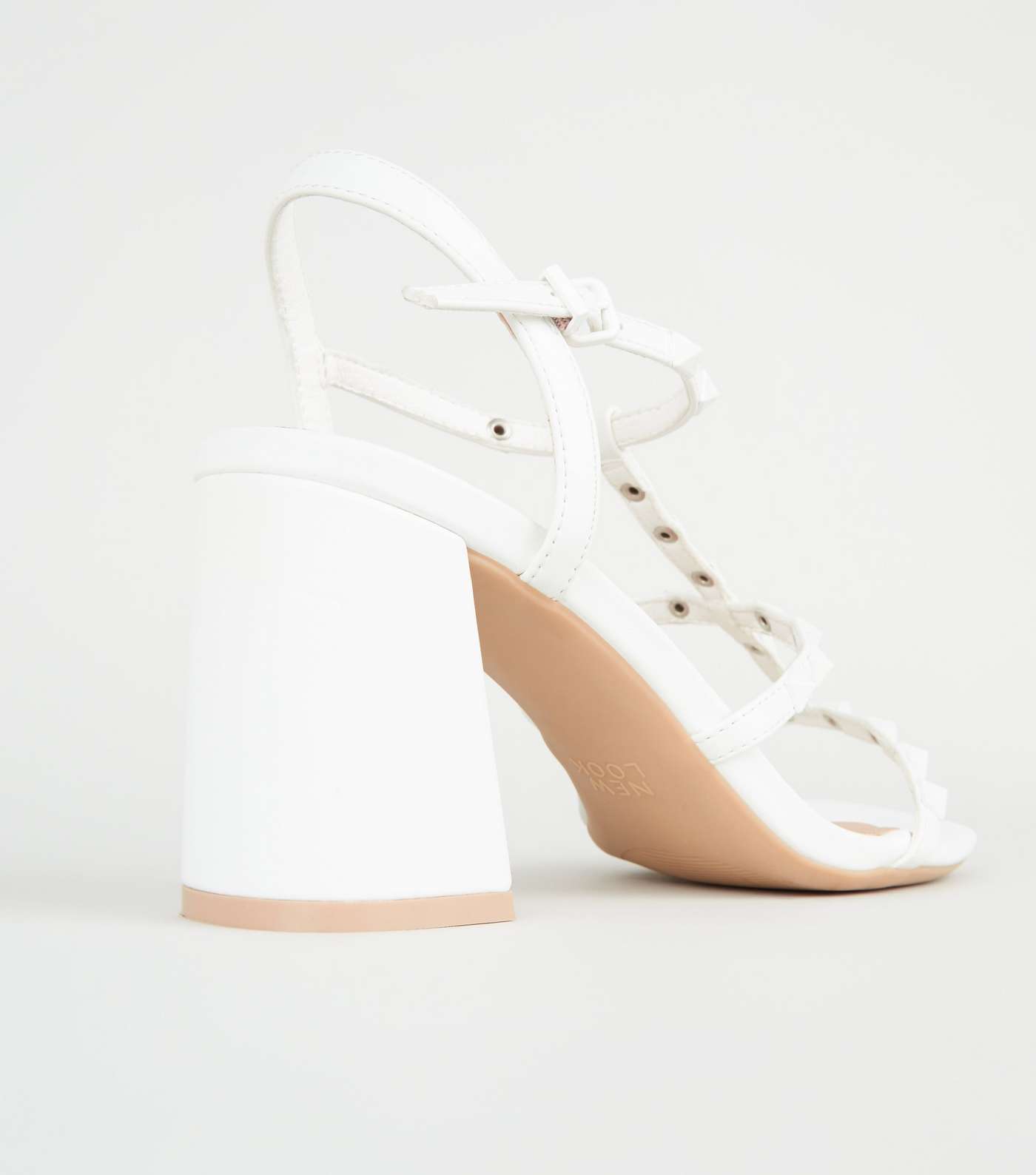 White Leather-Look Stud Strap Block Heels Image 4
