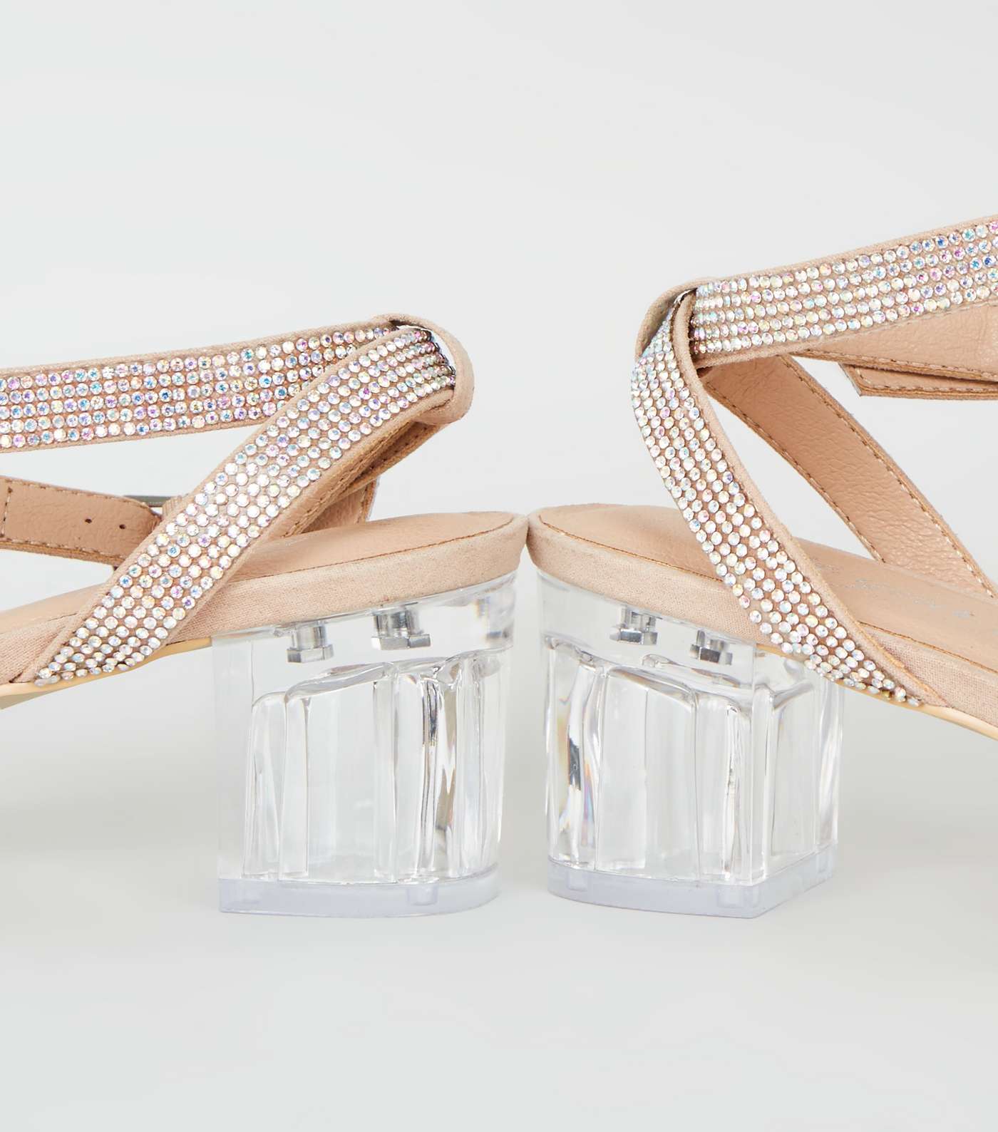Pale Pink Suedette Diamanté Clear Block Heel Sandals Image 4