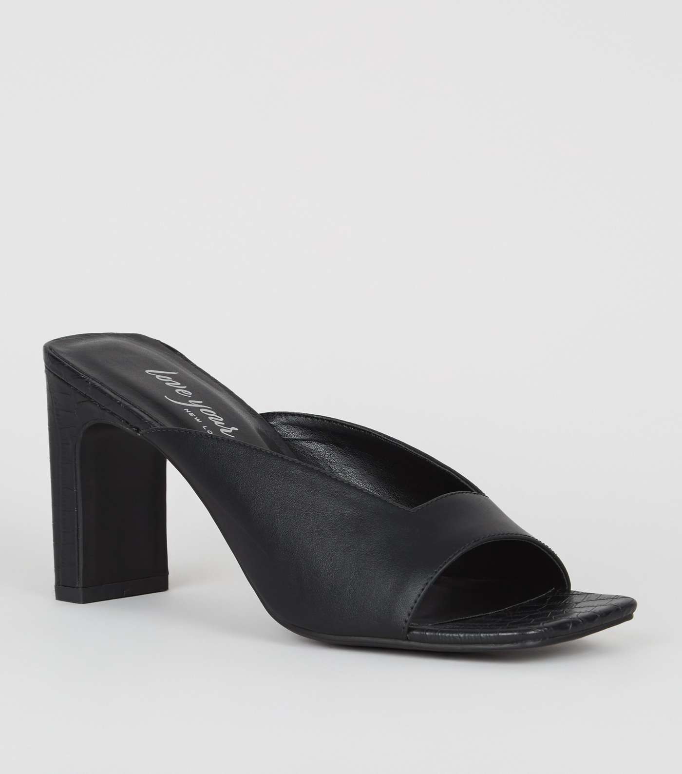 Black Leather-Look Slim Block Heel Mules