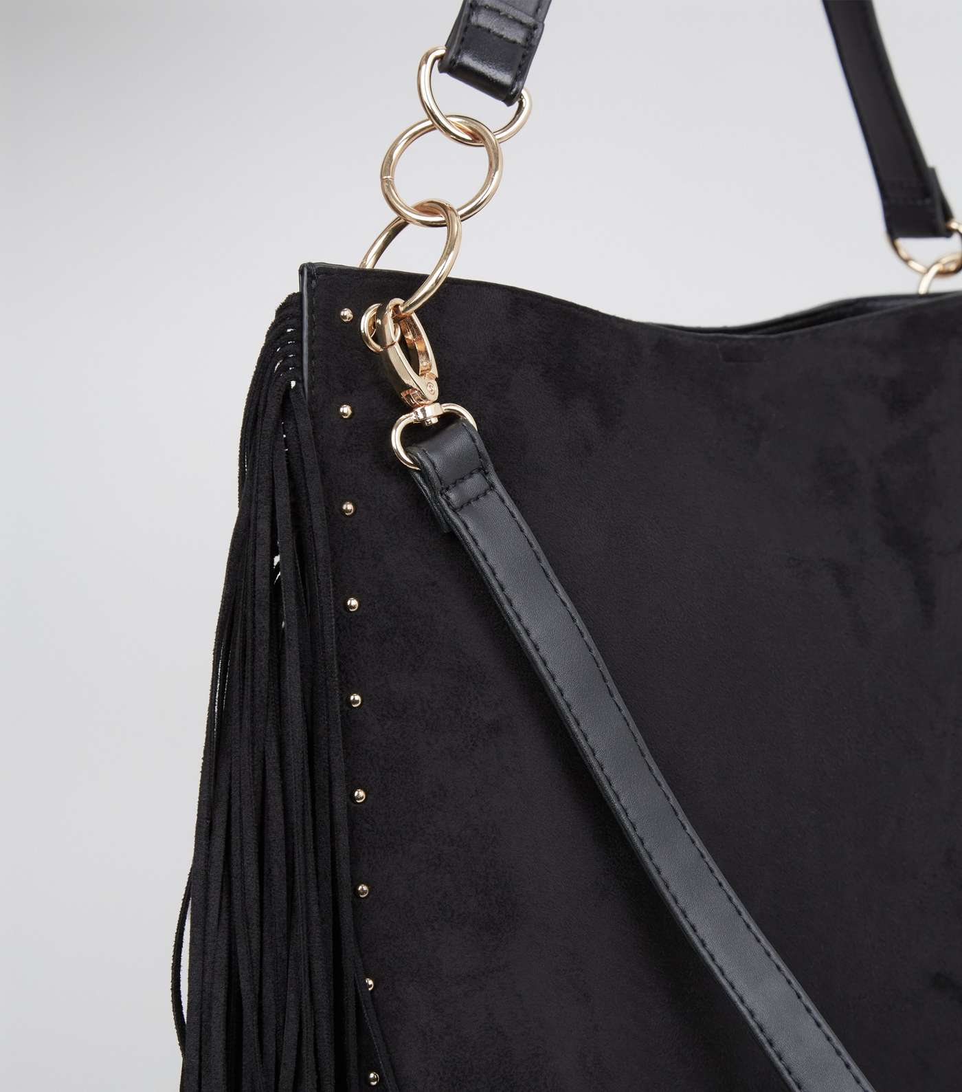 Black Fringe Trim Stud Bucket Bag Image 3