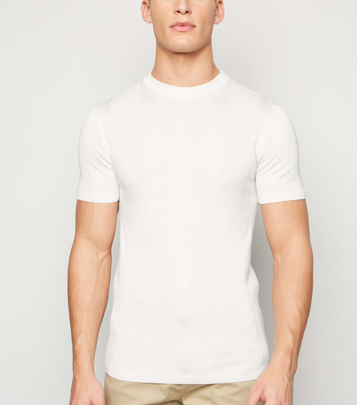 White Ribbed Knit Muscle Fit T-Shirt
