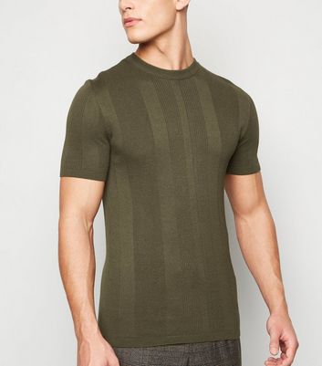 Image of Khaki Ribbed Knit Muscle Fit T-Shirt New Look
