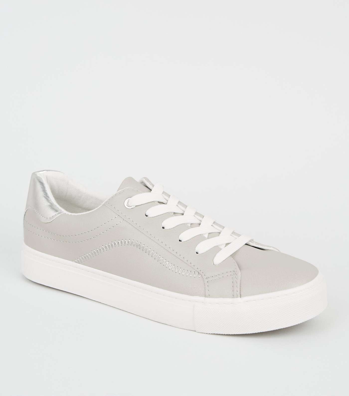 Grey Leather-Look Side Stitch Trainers
