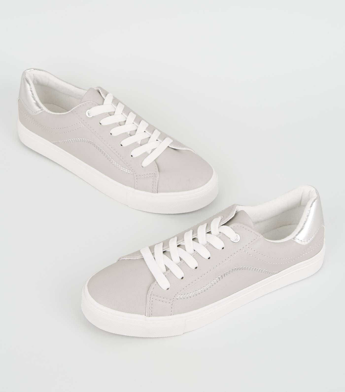 Grey Leather-Look Side Stitch Trainers Image 3