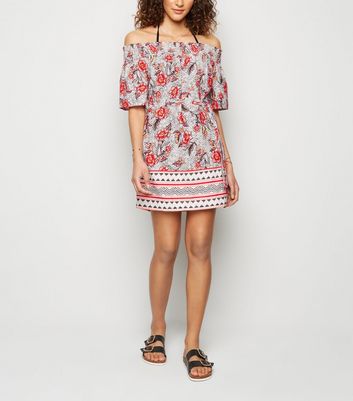 White Floral Spot Bardot Beach Dress 
