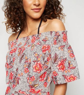 Image of White Floral Spot Bardot Beach Dress New Look