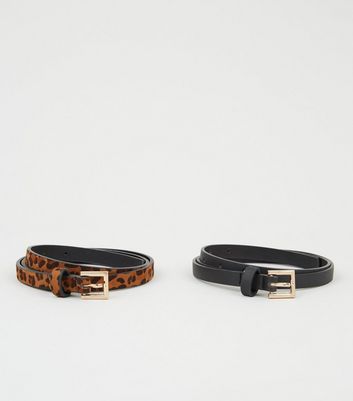 2 Pack Black and Leopard Print Skinny Belts New Look