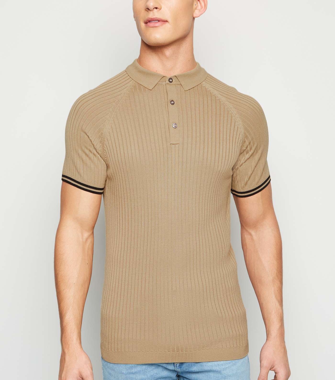 Camel Stripe Sleeve Muscle Fit Polo Shirt