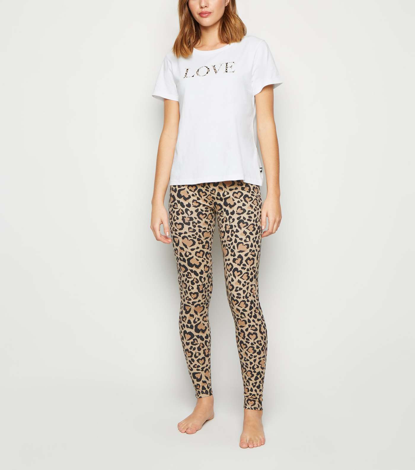 White Leopard Print Slogan Leggings Pyjama Set