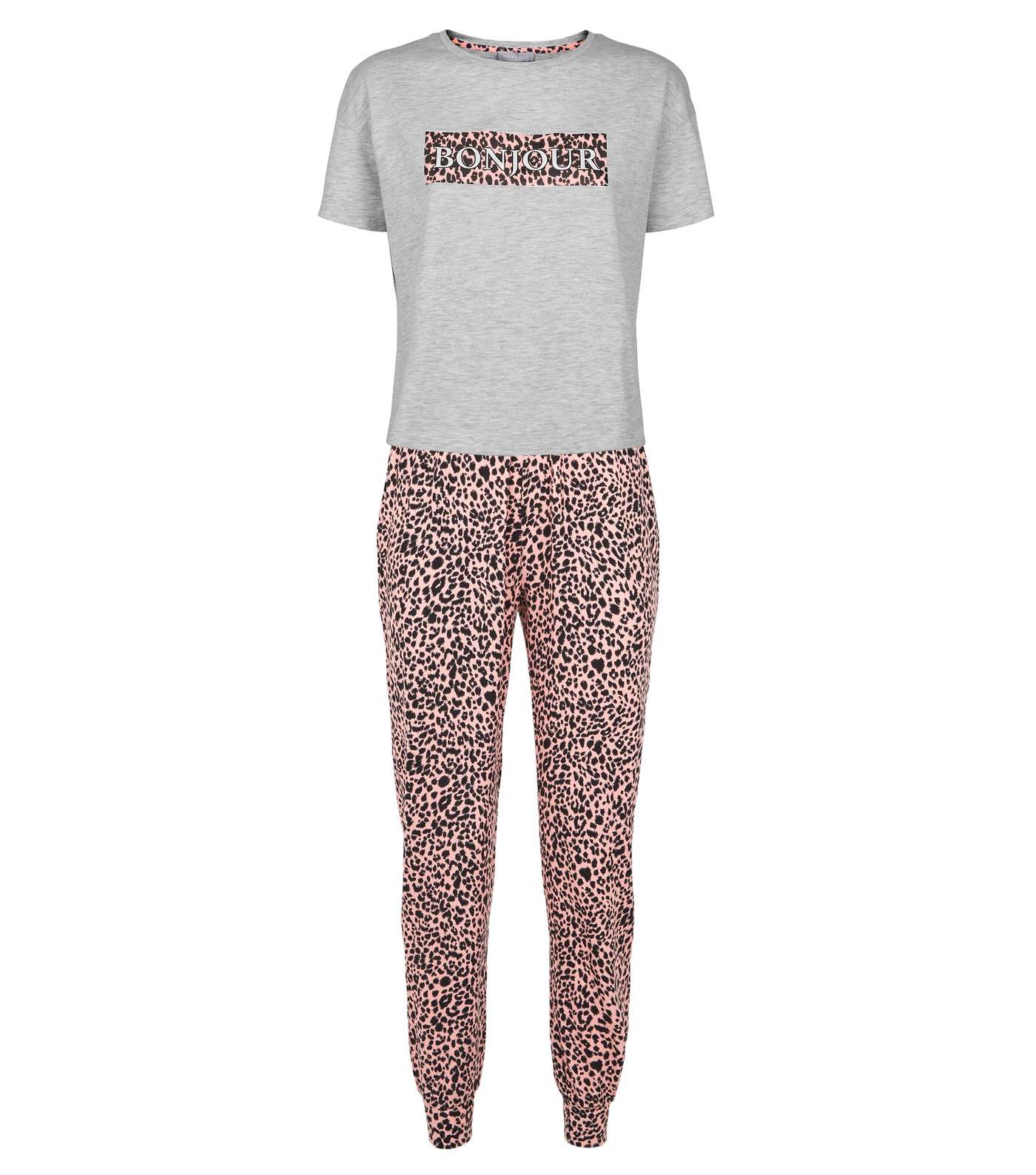 Light Grey Leopard Print Slogan Pyjama Set Image 4