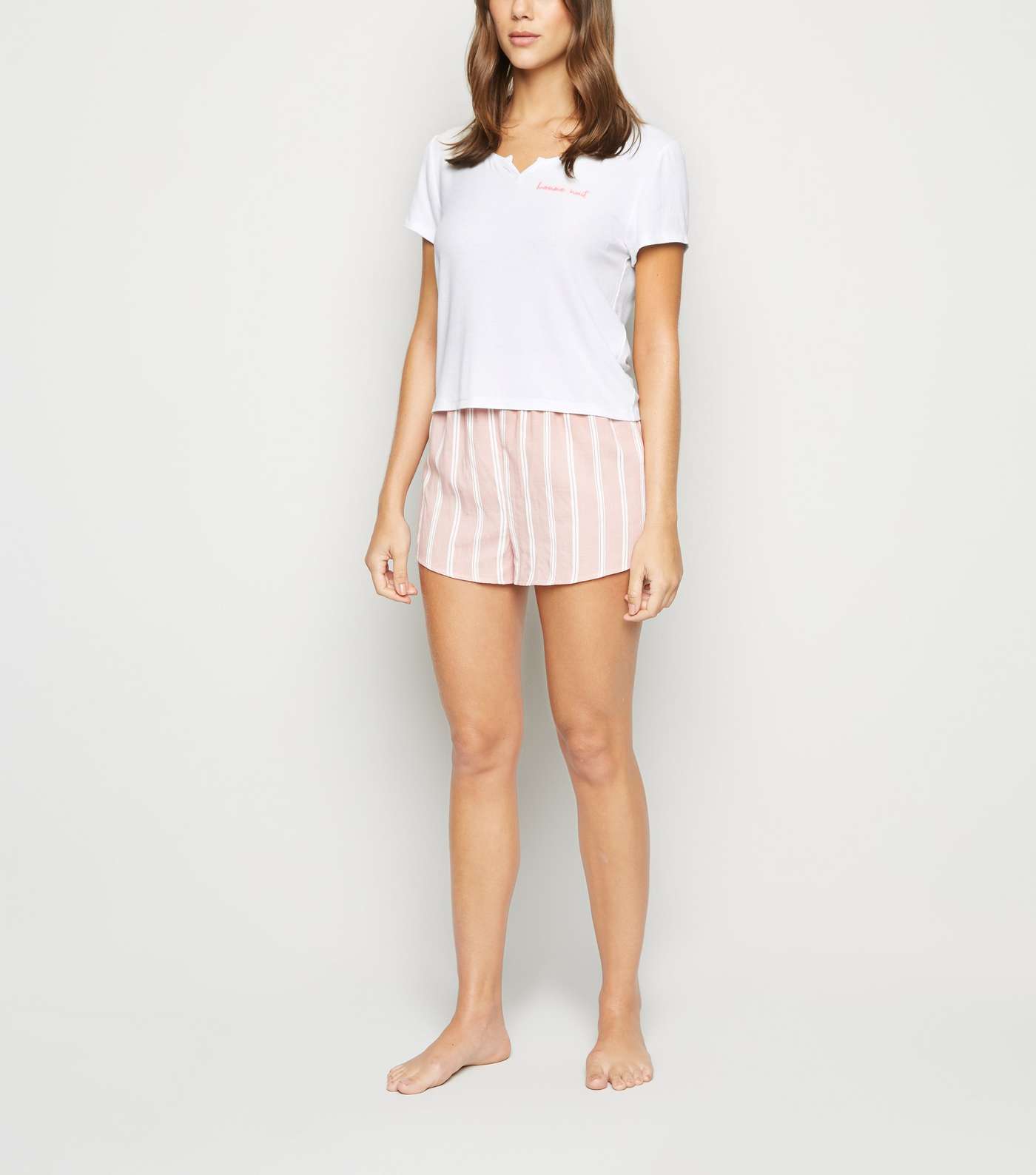 White Stripe Slogan Shorts Pyjama Set Image 2