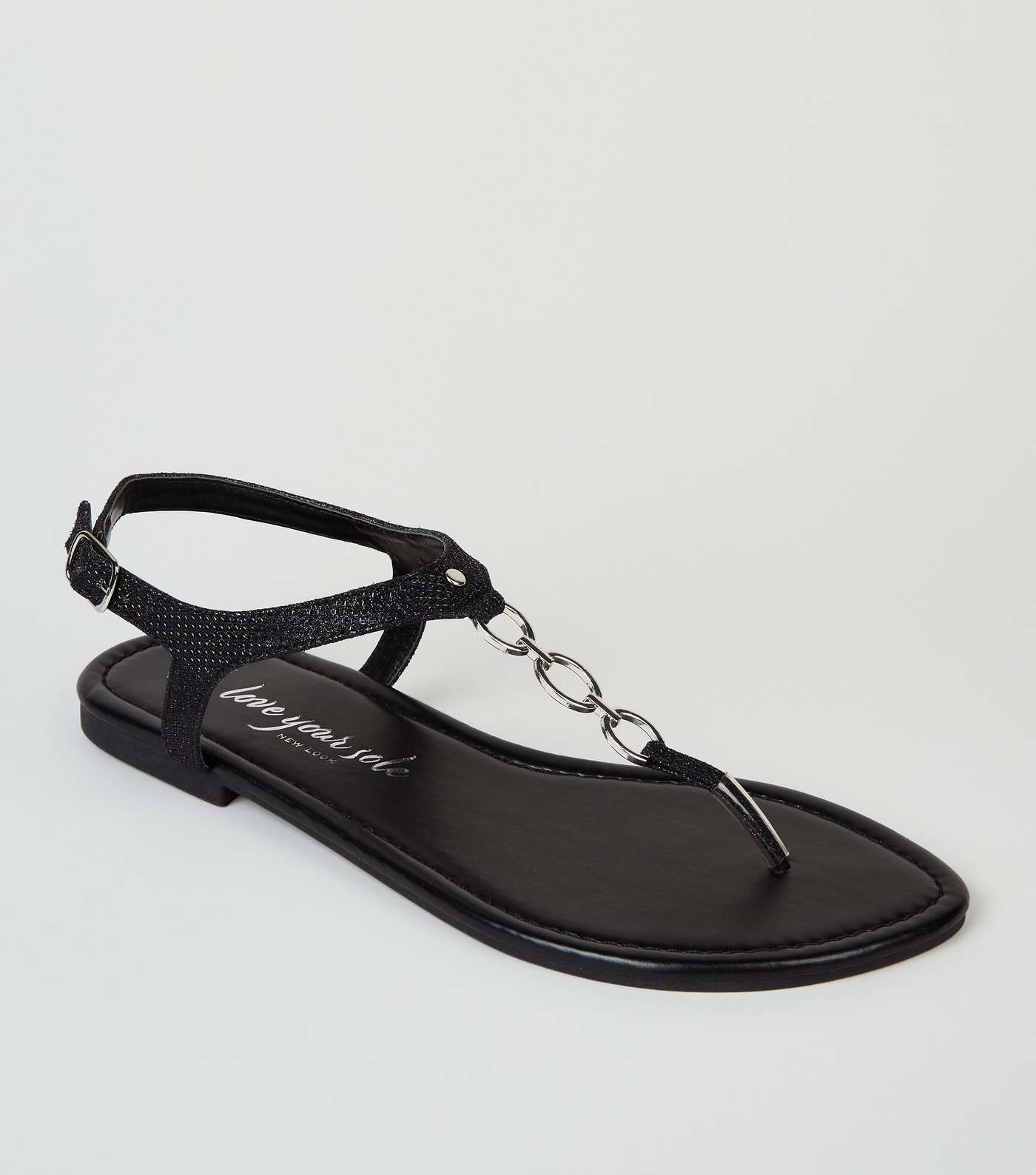 Wide Fit Black Glitter 3 Ring Flat Sandals